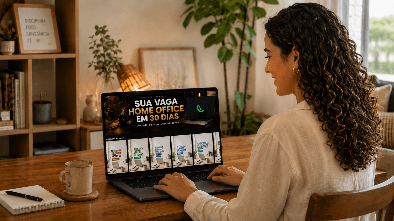Mulher trabalhando em home office com notebook